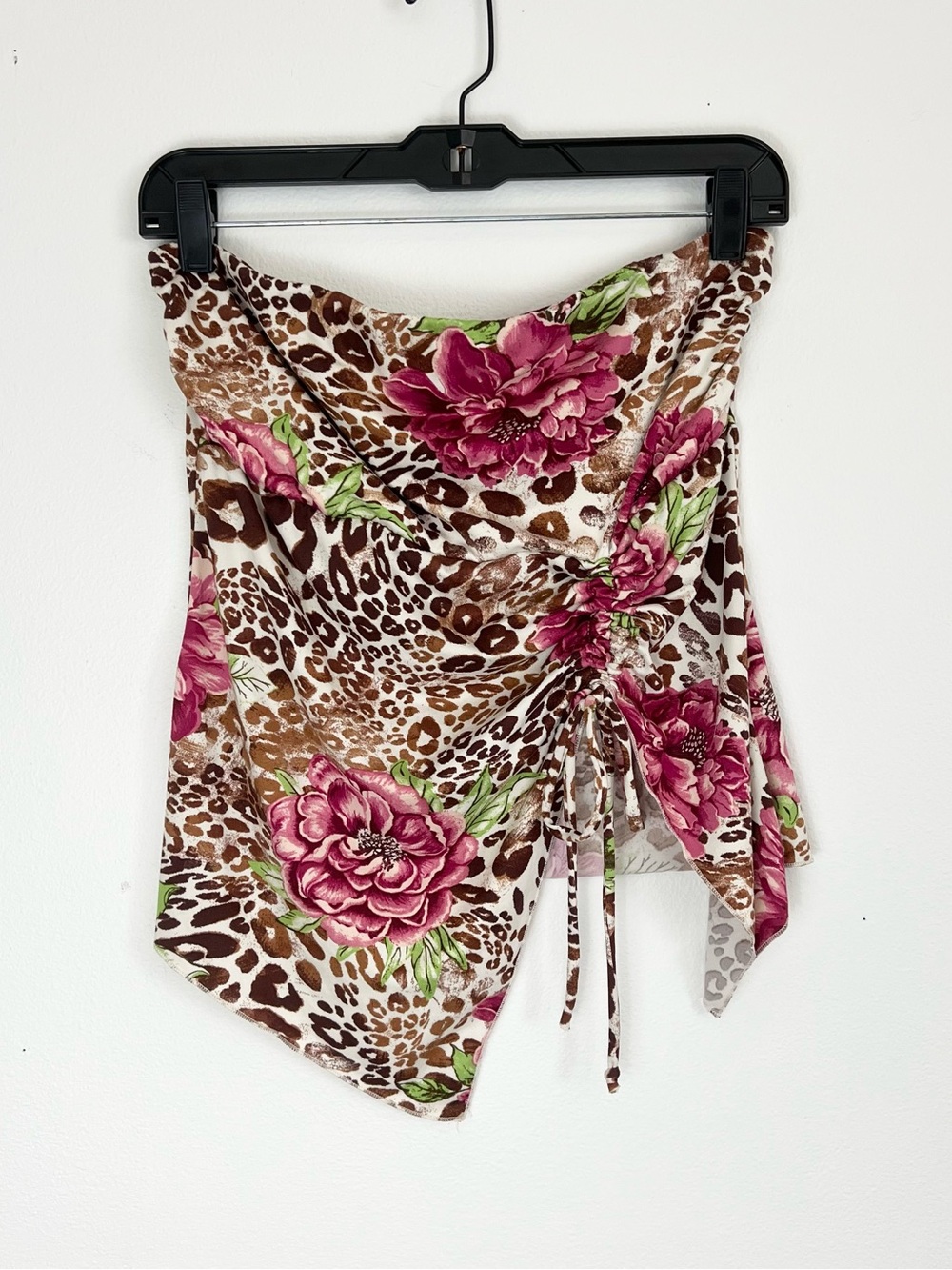 Animal Print Asymmetric Floral Top Cinched Handkerchief Hem 2000s Y2K Style L